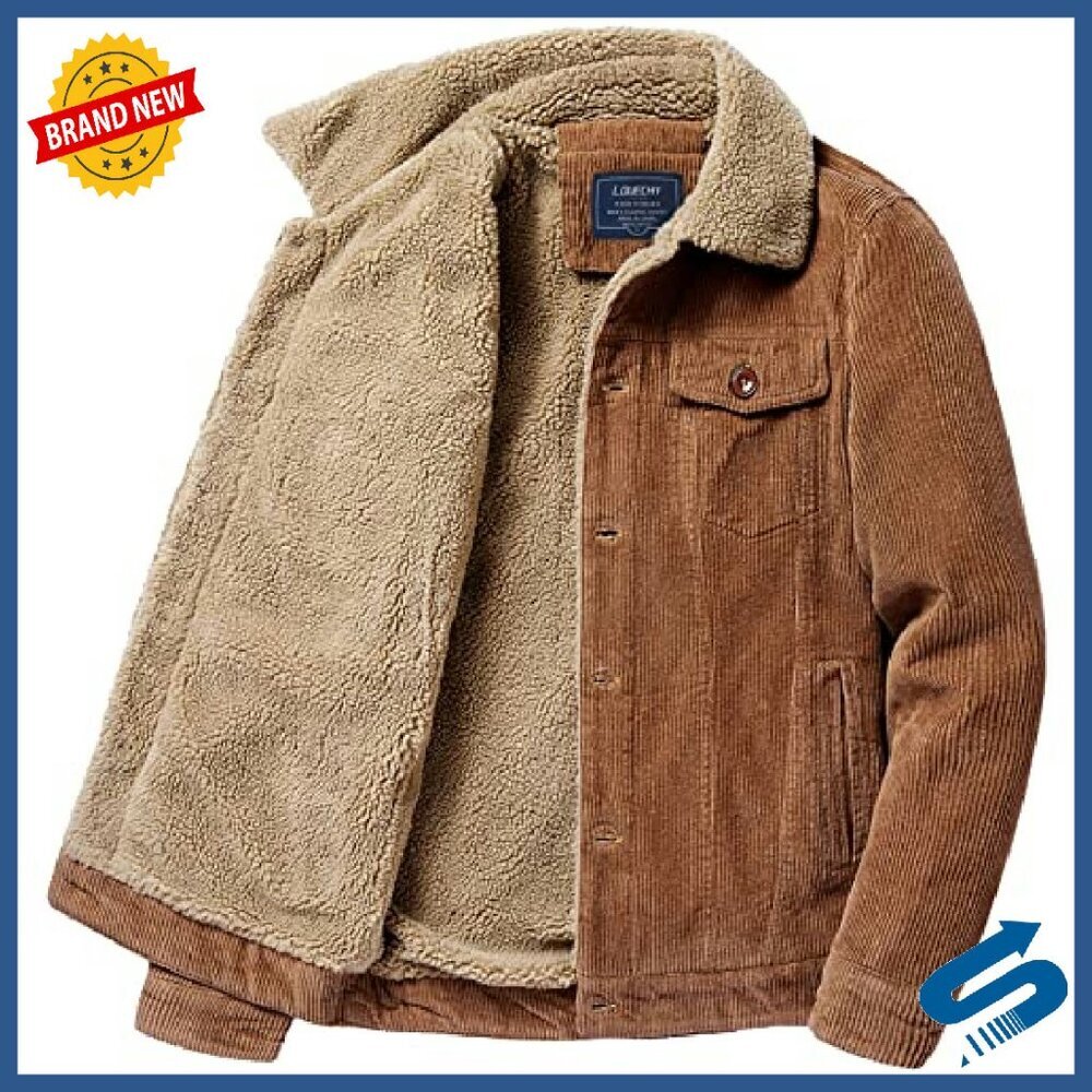Men's Corduroy Sherpa Lined Trucker Jacket Heavyweight Cotton Winter Coat - Picture 4 of 8